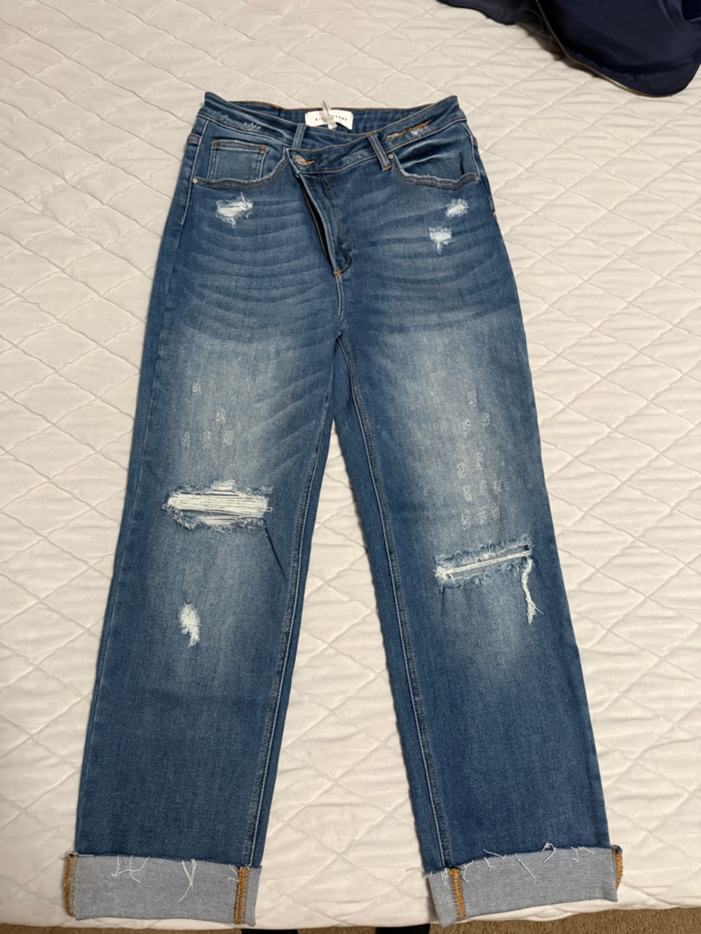 Cropped Distressed Blue Jeans with Cuffed Hem